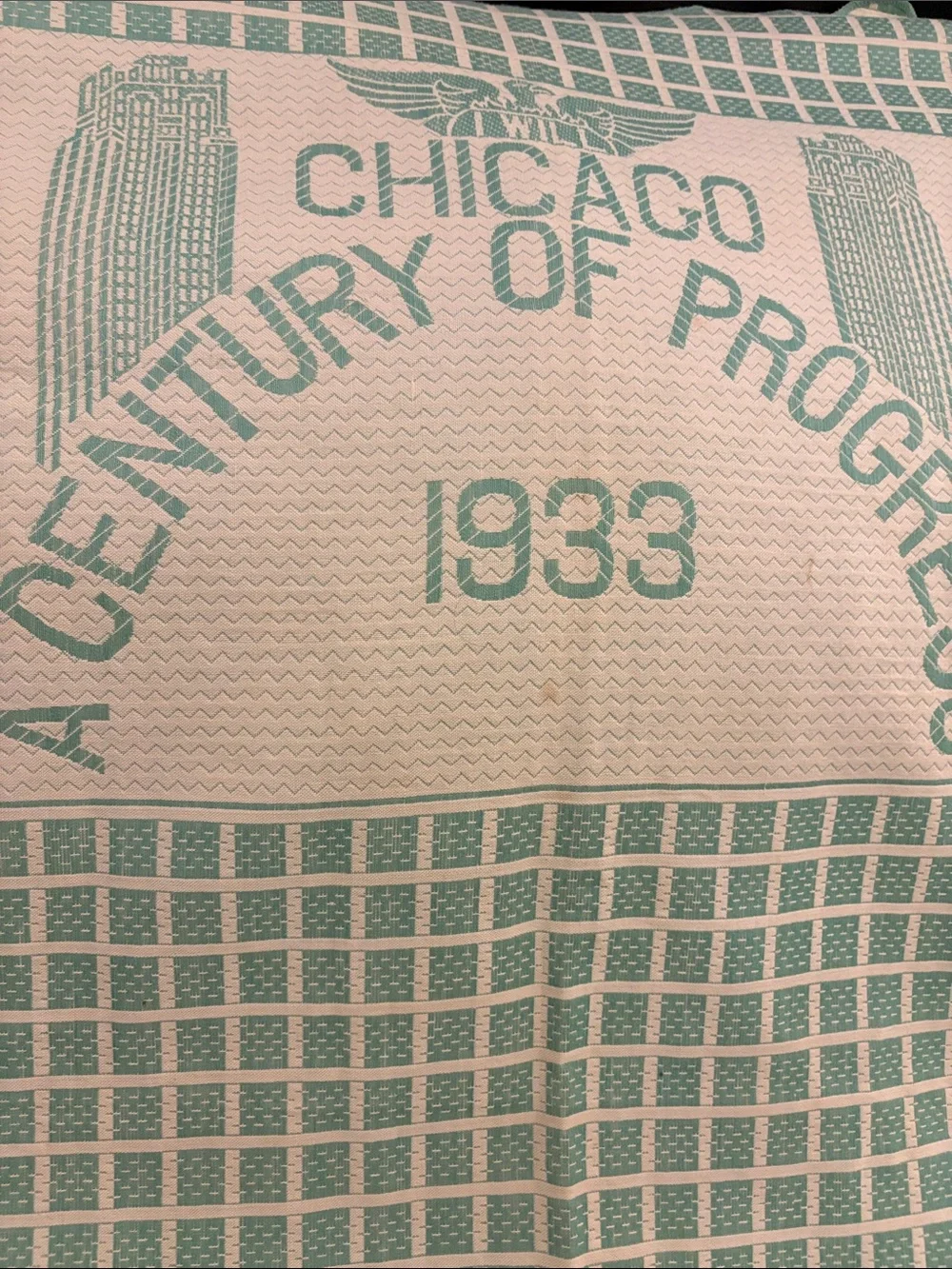 Vintage Chicago 1933 Authentic World’s Fair Jacquard Bedspread - Green & Cream